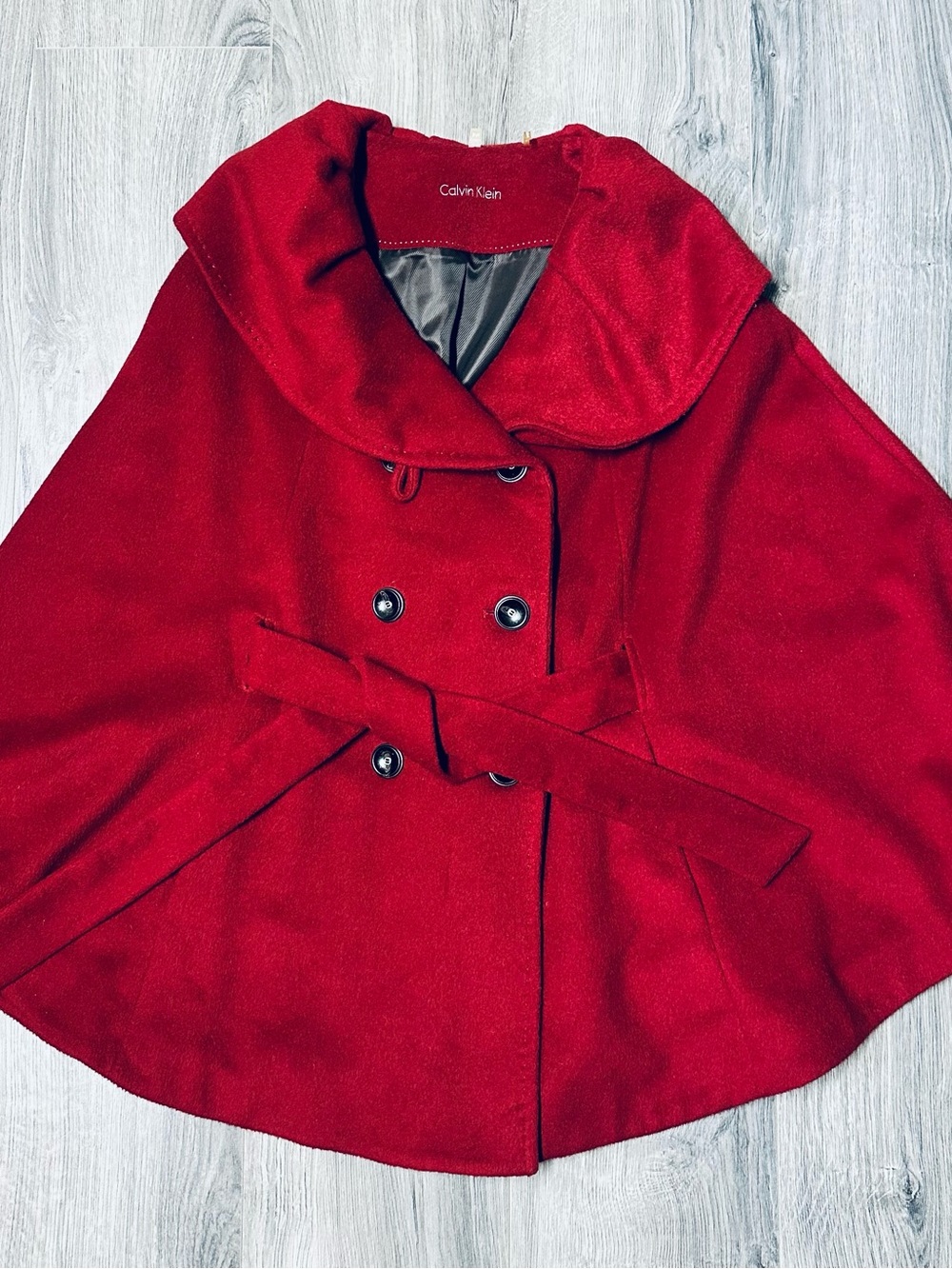 NWT Calvin Klein Red Double-Breasted Wool Cape with Belt